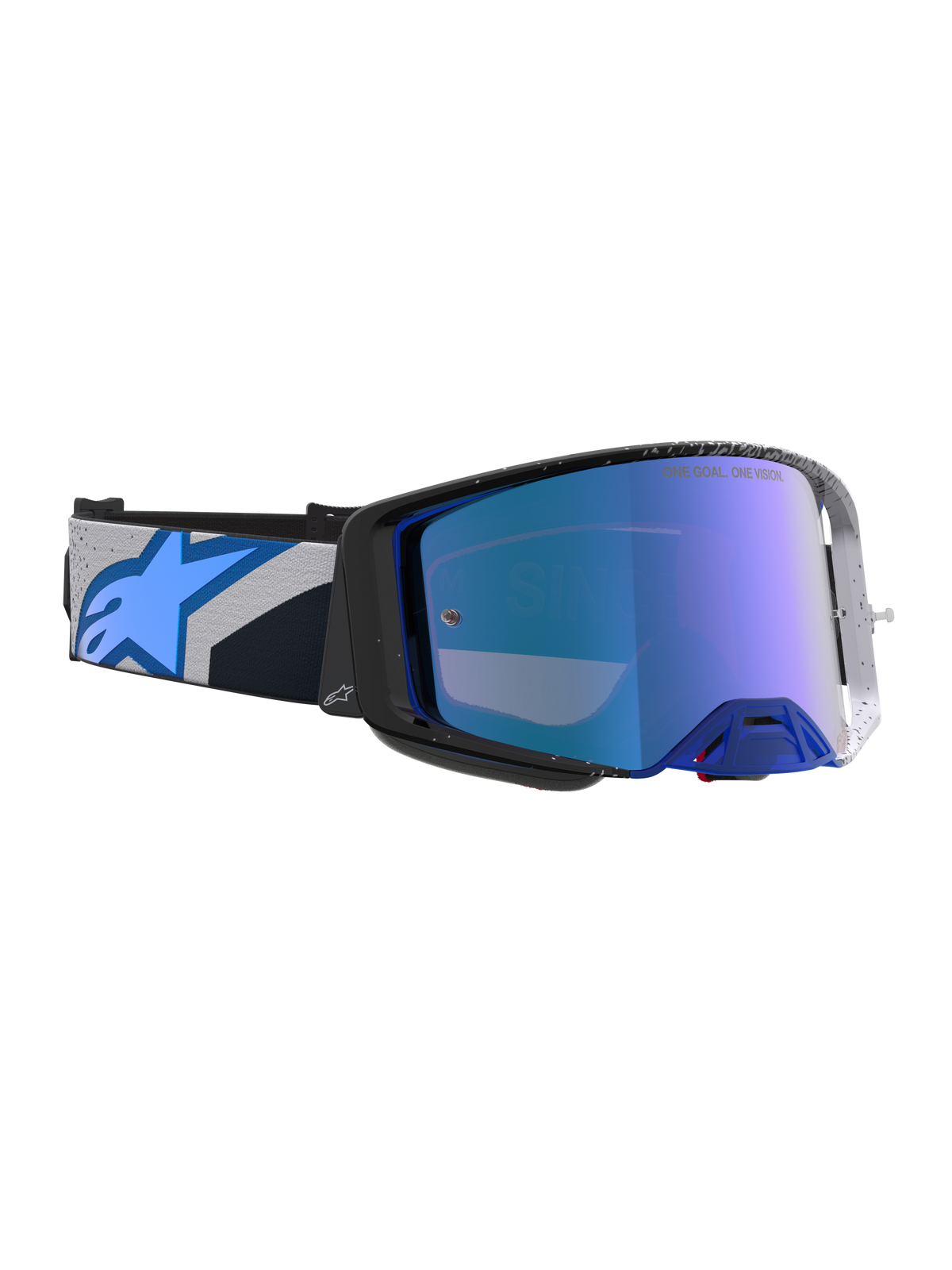 Alpinestars Supertech Hiten Motocross Goggles in Black and Blithe Blue featuring a high-clarity mirrored blue lens.
