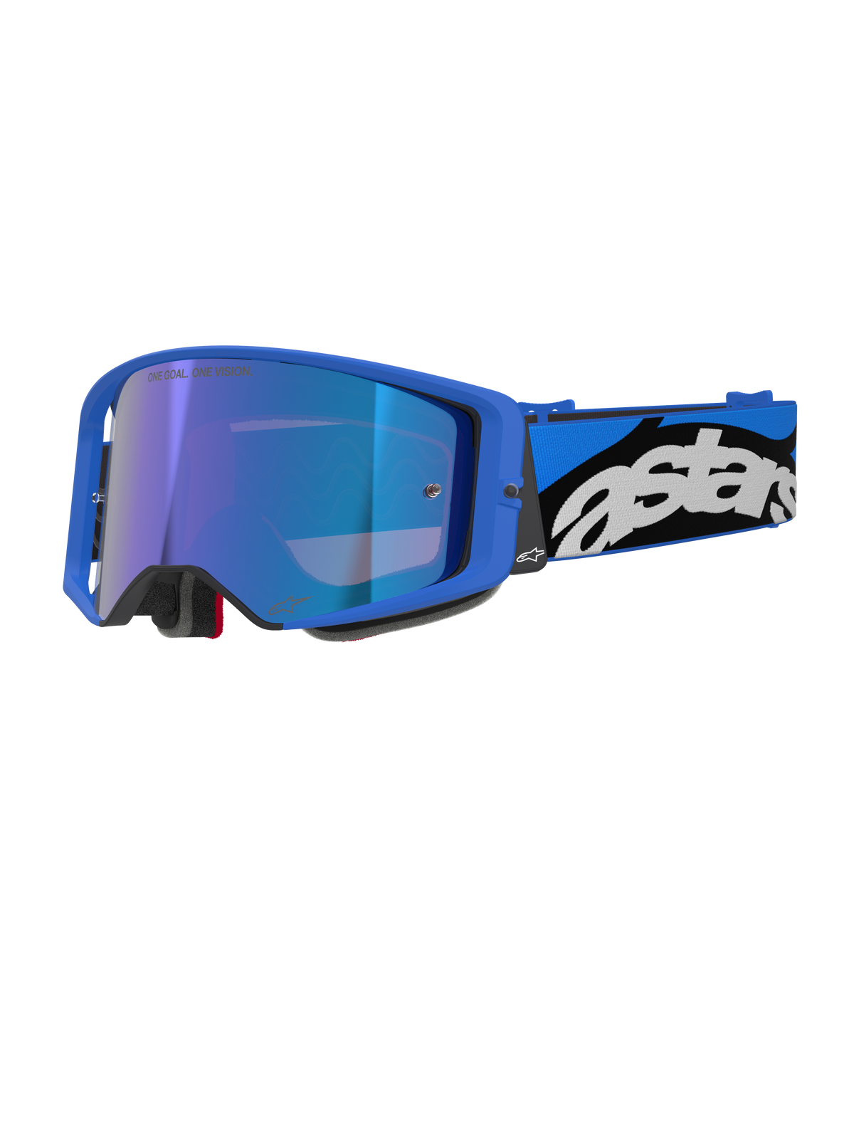Alpinestars Supertech Stream Goggles, Motocross Off-road Goggles, Bright Blue Frame with Blue Mirror Lens, Wide Blue and Black Strap with White Astars Logo, Grey Foam Padding, Professional Racing Equipment