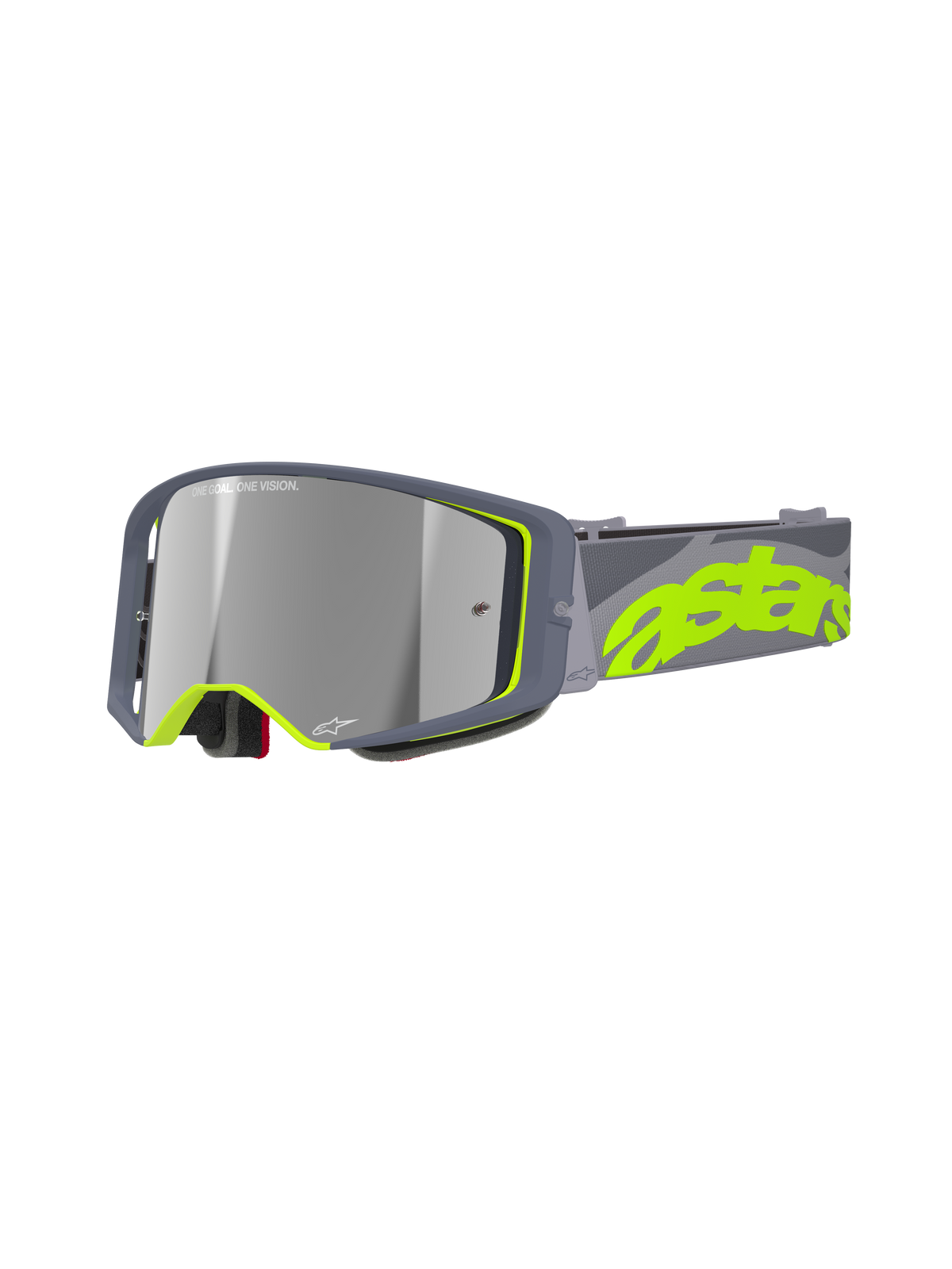 Alpinestars Supertech Stream Goggles, motocrossglasögon för racing, grå och neongula, med reflekterande Mirror Silver-lins, bred vinklad ram med skumvaddering och justerbar rem med framträdande neongul logotyp.