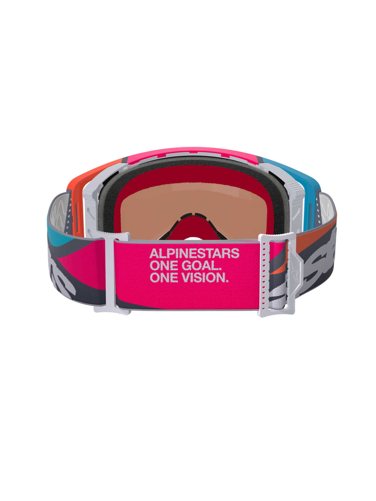 Alpinestars Supertech Stream Goggles, vy bakifrån som visar brett rosa och grått band med 'ALPINESTARS ONE GOAL. ONE VISION.' branding, flerfärgad ram i orange och blått, 3D-format ansiktsskum, professionella glasögon för motocross och terrängkörning