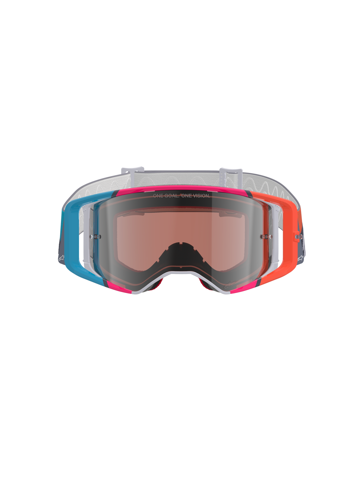 Alpinestars Supertech Stream Goggles, motocrossglasögon, färgstark flerfärgad ram med blå, orange och rosa detaljer, Silver Mirror-lins med texten 'ONE GOAL. ONE VISION.', vitt mönstrat band, högpresterande ögonskydd för terrängkörning