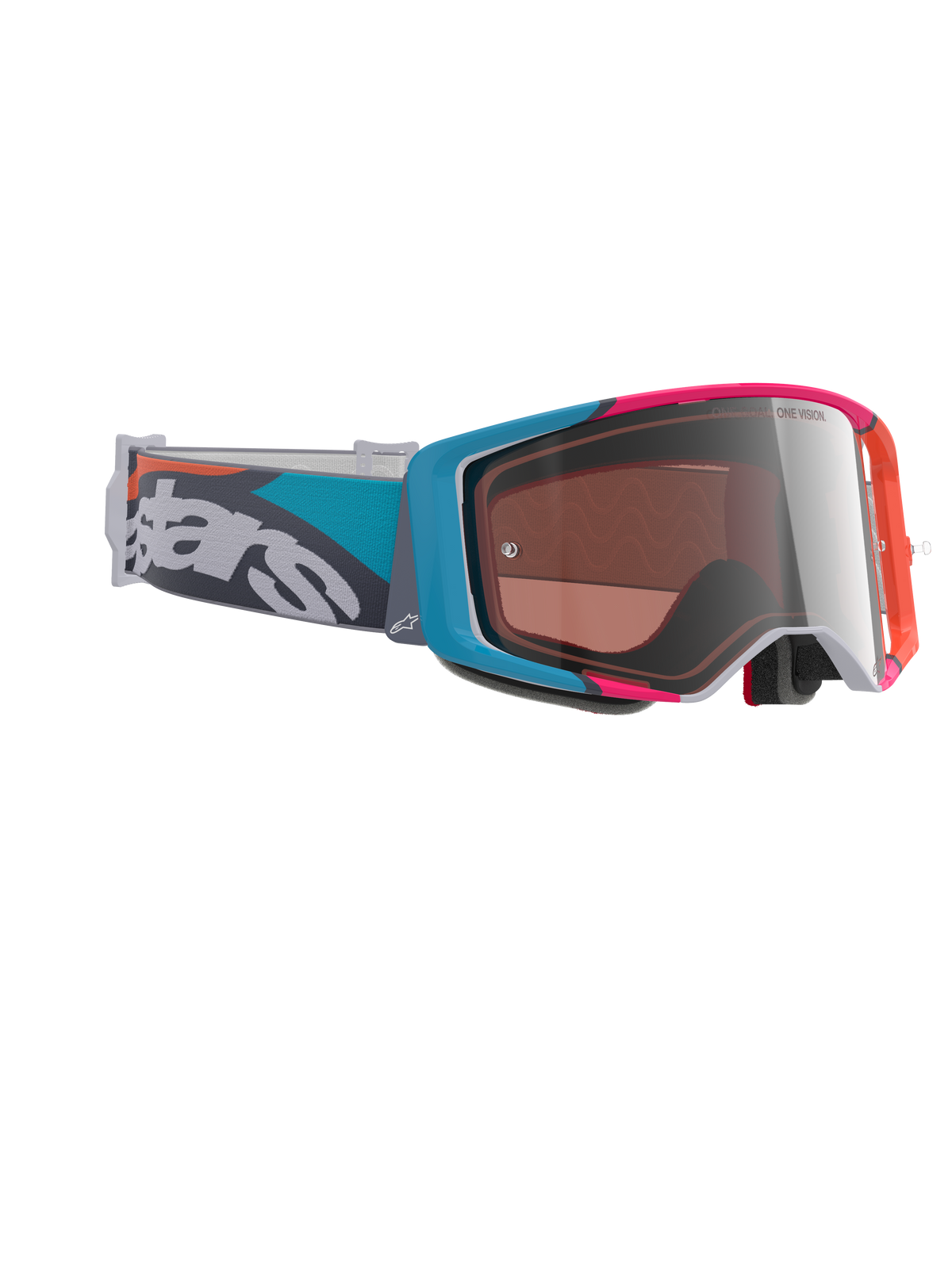 Alpinestars Supertech Stream-glasögon, motocrossglasögon, grå ram med blå och rosa detaljer, Silver Multi Mirror-lins, krickblått och grått band med tydlig vit logotyp, högpresterande skyddsglasögon för terrängkörning