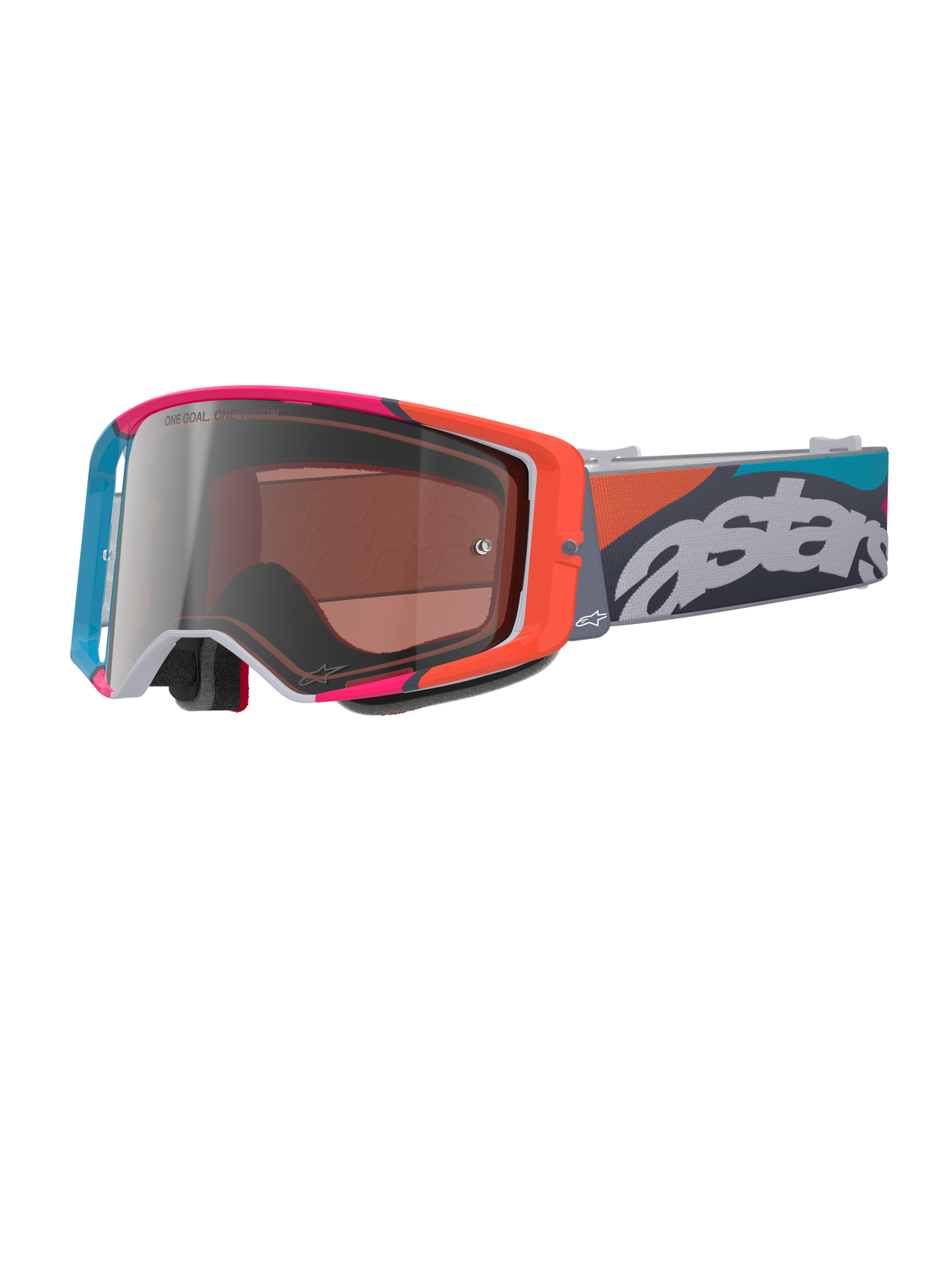 Alpinestars Supertech Stream Goggles, grå ram med livfulla röda och blå detaljer, Multi Mirror Silver-lins, tjock skumvaddering, justerbart band med vit 'astars'-logotyp och färgglada geometriska mönster, professionellt ögonskydd för motocross