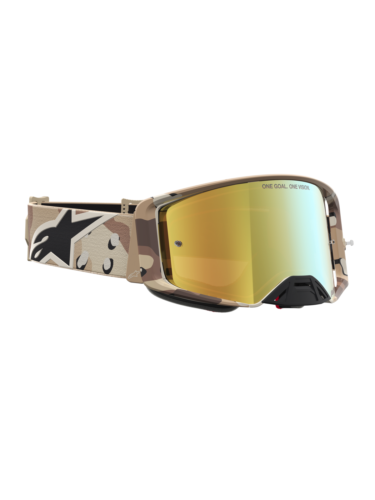 Alpinestars Supertech Lone goggles, motocrossgoggles i ökenkamouflage med guldtonat spegelglas för terrängkörning.