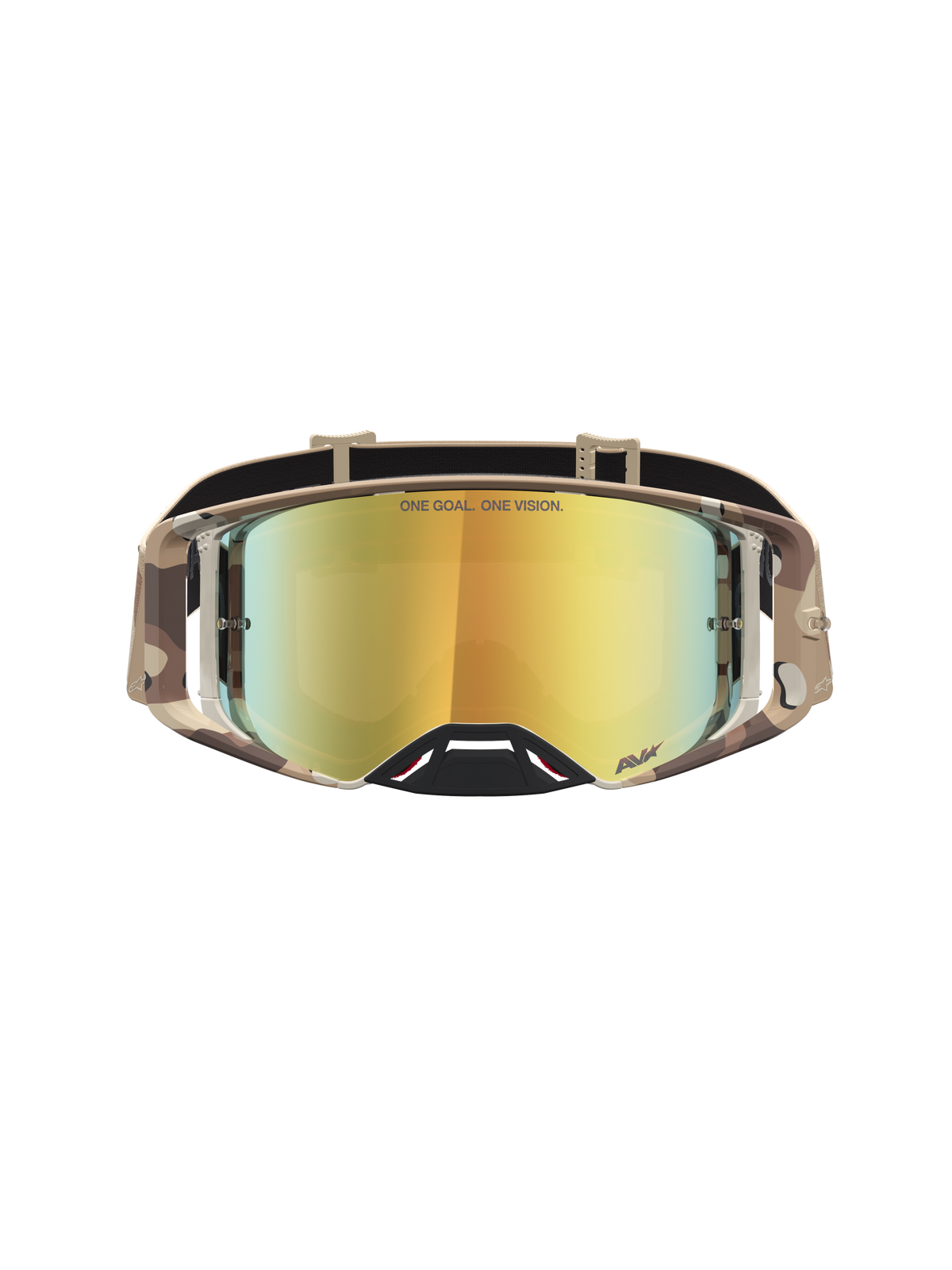Alpinestars Supertech Lone goggles, motocrossgoggles i ökenkamouflage med guldtonad spegellins, för elitprestanda inom motocross och terrängkörning.