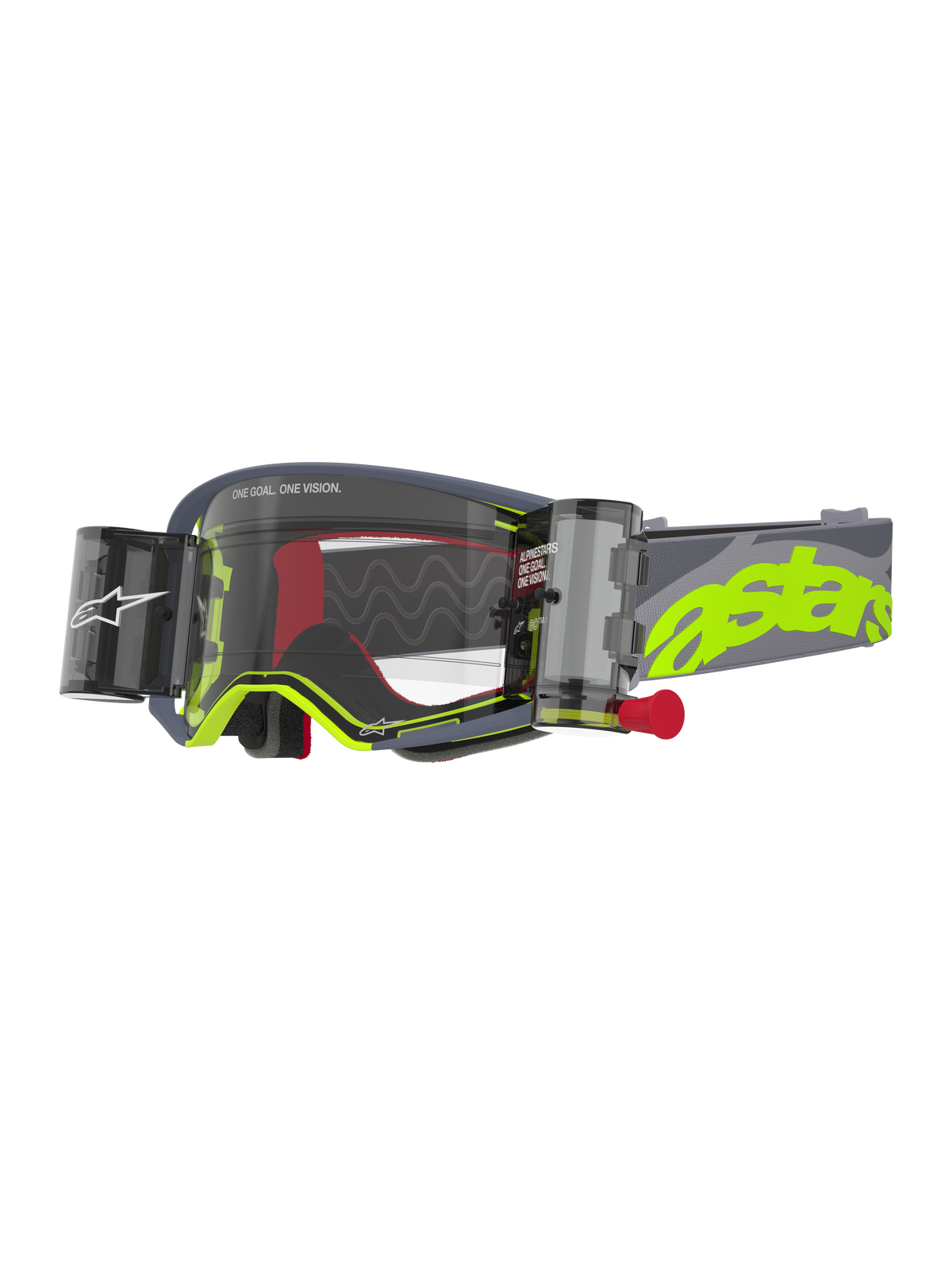 Alpinestars Supertech Stream Goggles, motocrossglasögon, grå och neongula, med en klar lins och integrerat Wide Vision Roll-Off-system, kassetter på vardera sida med en röd dragknopp, vågformiga silikonglidlinjer, justerbart grått band med stor neongul astars-logotyp, högpresterande ögonskydd för terrängkörning