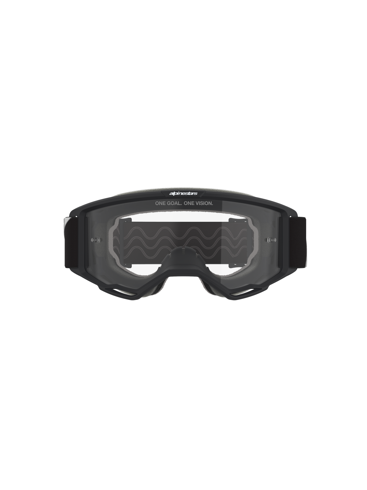 Alpinestars Vision Goggles OTG, motocrossglasögon, svart ram med klar lins, frontvy med texten 'ONE GOAL. ONE VISION.' och varumärkeslogotyp, struktur med djup volym för kompatibilitet med receptbelagda glasögon