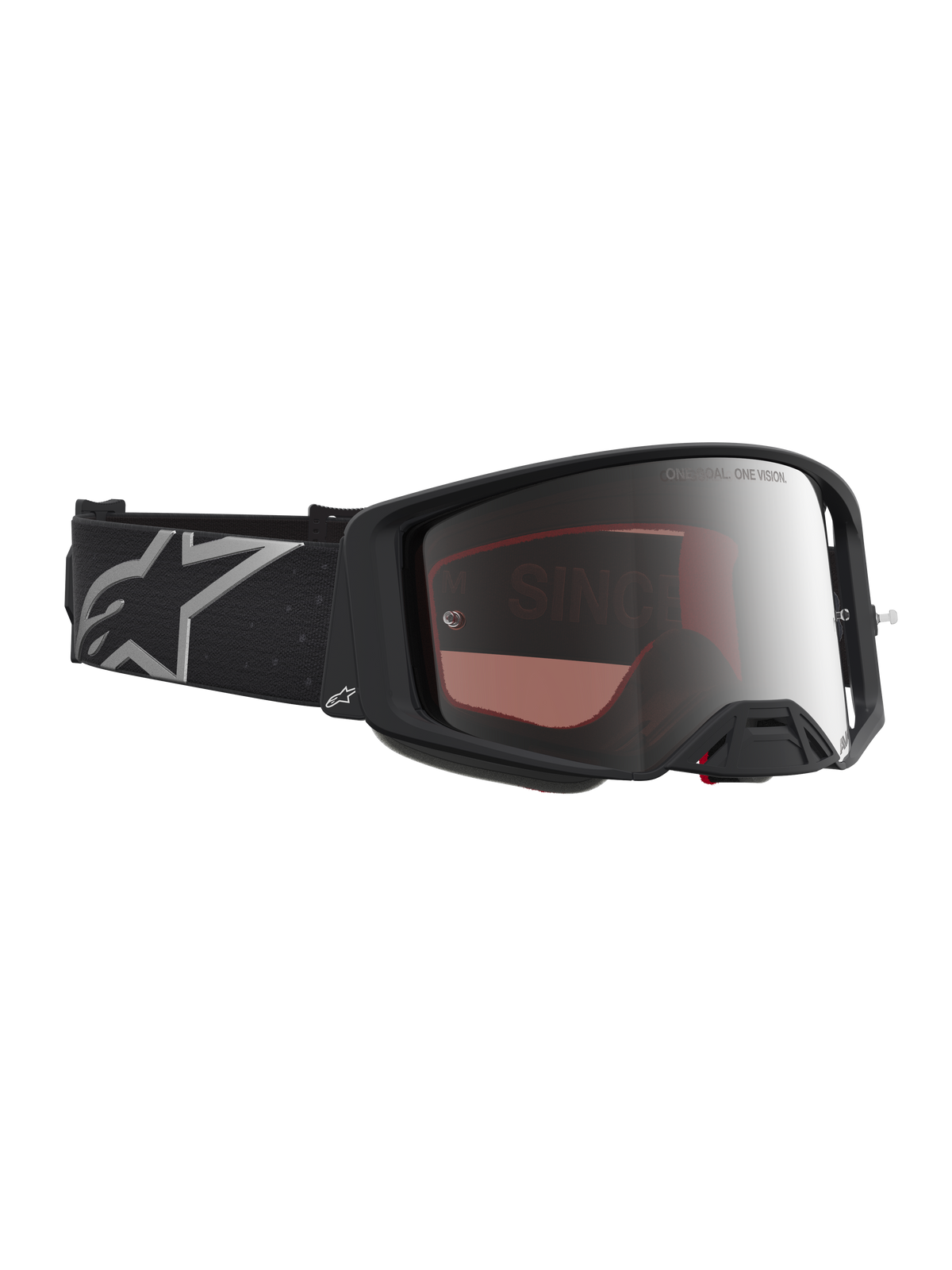 Alpinestars Supertech Vesta goggles, motocrossgoggles för terrängkörning, matt svart ram med silver spegelglas, brett justerbart band med vit logotyp.