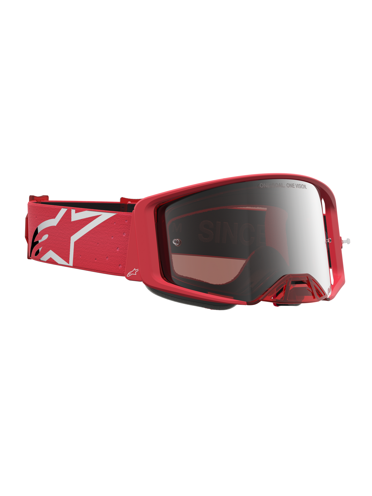 Alpinestars Supertech Vesta goggles, motocrossglasögon för racing, röd fluo med silverfärgat spegelglas, rem med vit logotyp.