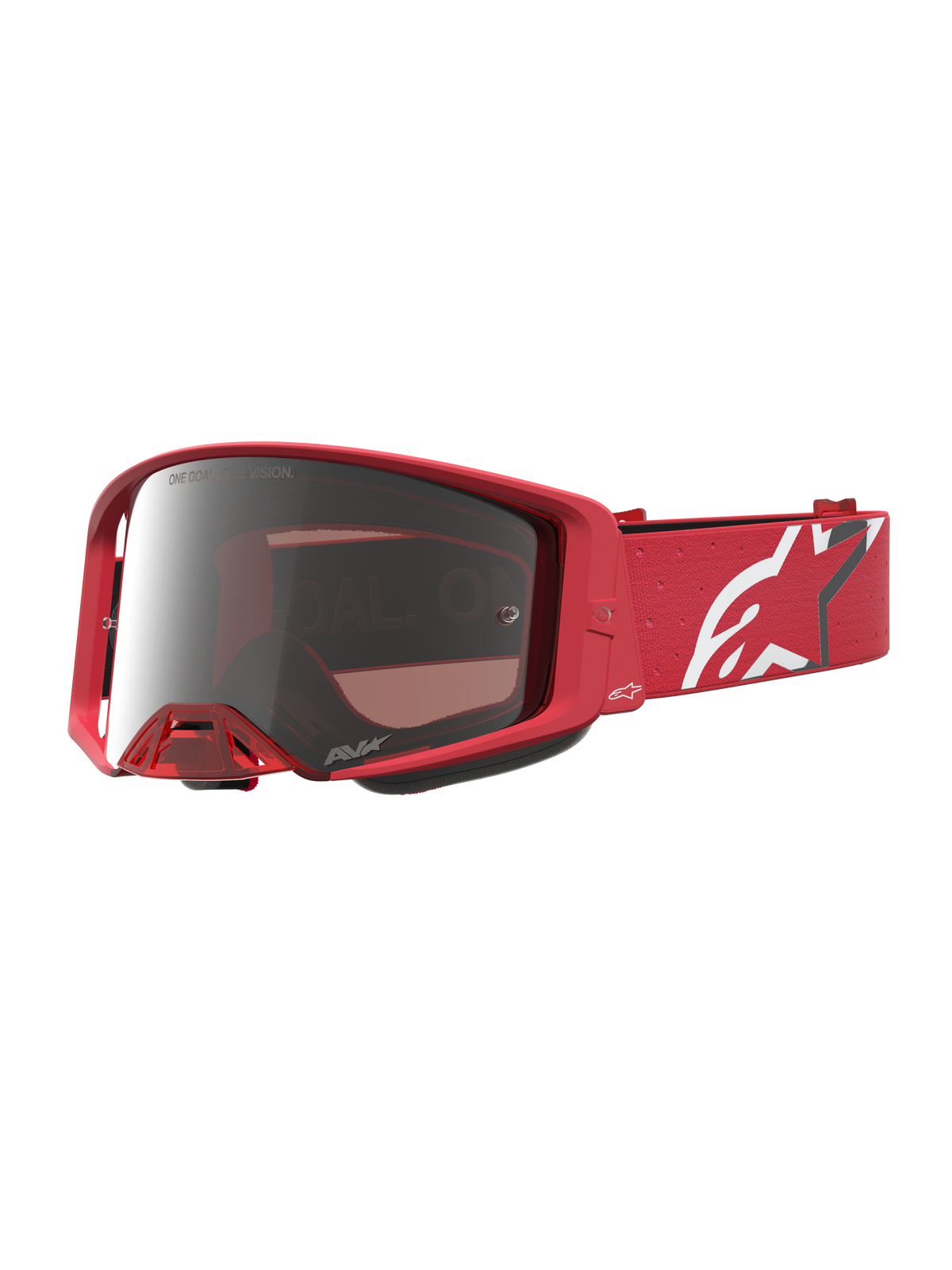 Alpinestars Supertech Vesta goggles, motocrossglasögon i röd fluo med silverfärgad spegellins och vitt logoband, professionell design för terrängkörning.