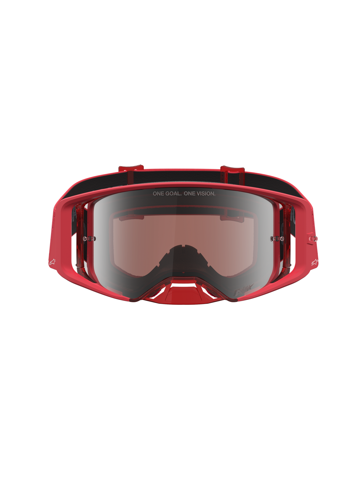 Alpinestars Supertech Vesta goggles, motocrossgoggles, röd fluo och silver, högkvalitativt spegelglas med One Goal One Vision-grafik på linsen.