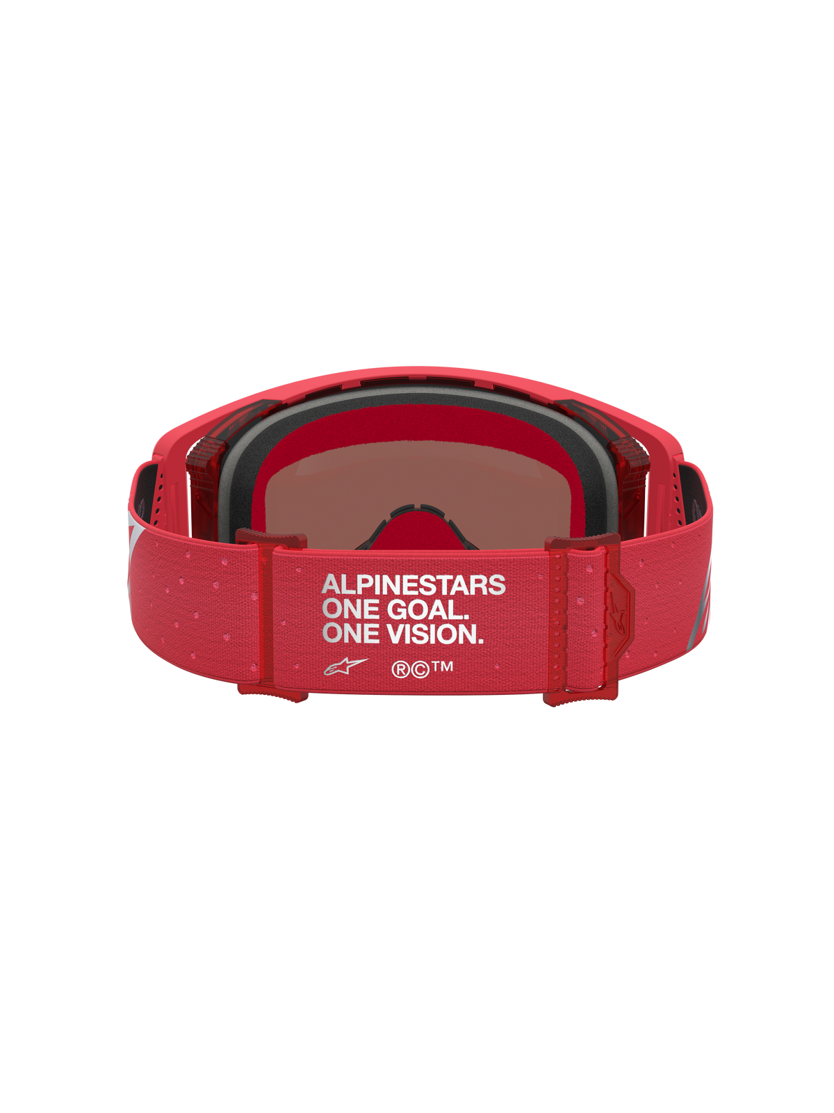 Alpinestars Supertech Vesta goggles, motocrossglasögon i röd fluo och silver, visar det justerbara One Goal One Vision-bandet.