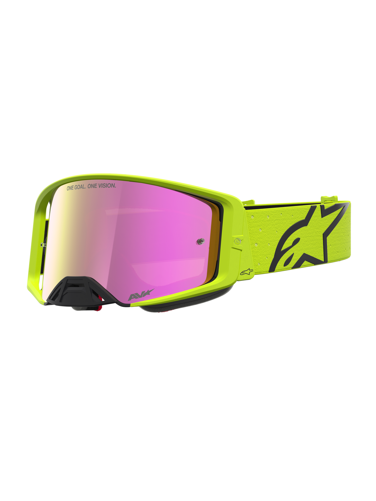 Alpinestars Supertech Vesta goggles, motocrossgoggles i gul fluo och svart, rosa spegellins, optimerade för professionell terrängkörning och motocross.