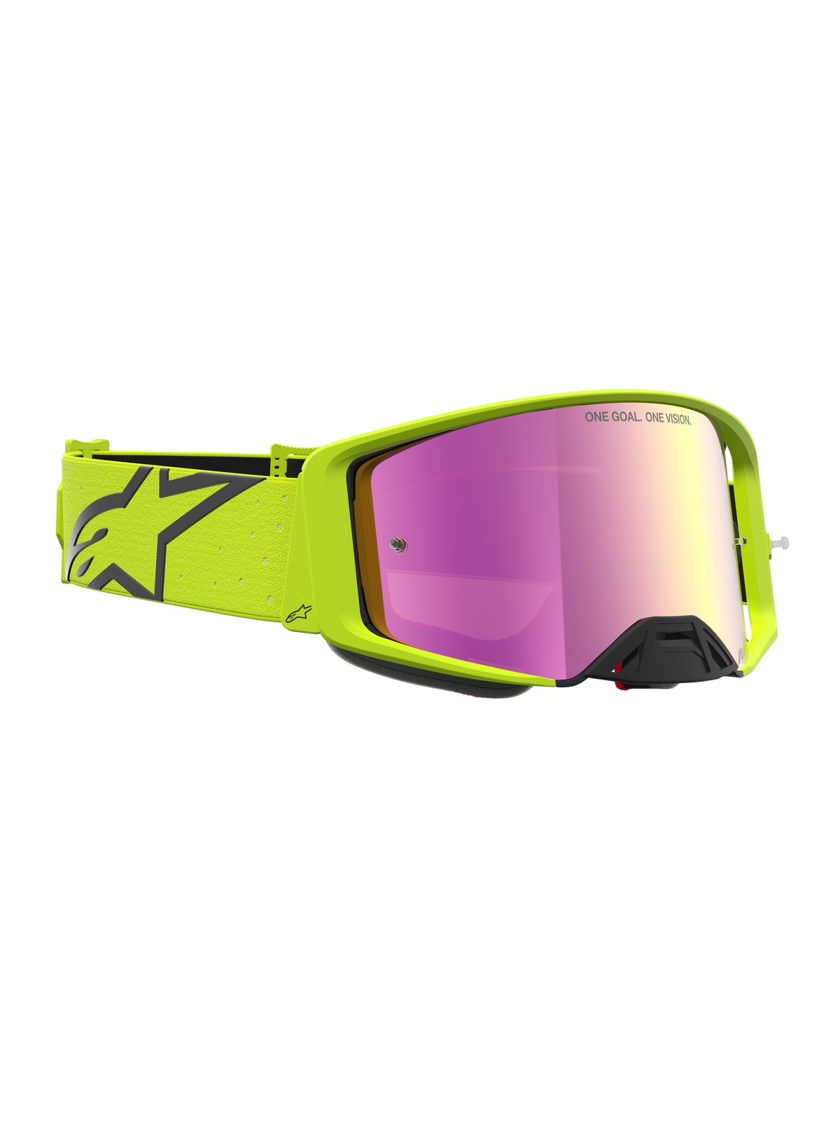 Alpinestars Supertech Vesta goggles, motocrossglasögon i gul fluo och svart, rosa spegellins, professionell racingutrustning
