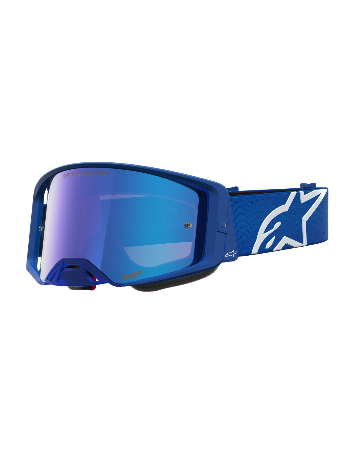 Alpinestars Supertech Vesta goggles, motocross-goggles för terrängkörning, blå och vita med blått spegelglas, justerbar rem med stor vit Astars-logotyp.