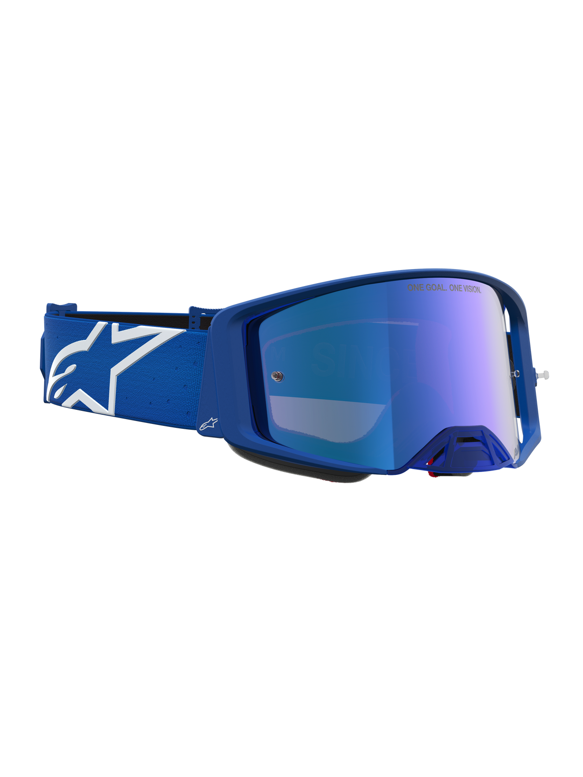 Alpinestars Supertech Vesta goggles, blå och vita med blå spegellins, högpresterande skydd för motocross.
