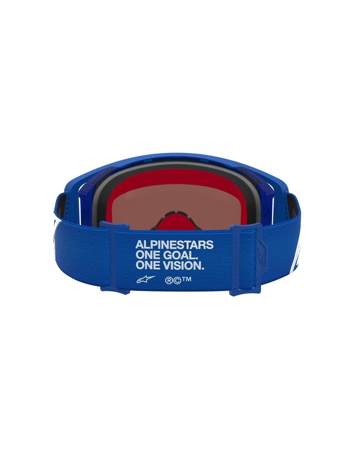 Alpinestars Supertech Vesta goggles, blå och vita motocross-goggles, vy bakifrån med 'One Goal. One Vision.' på remmen.
