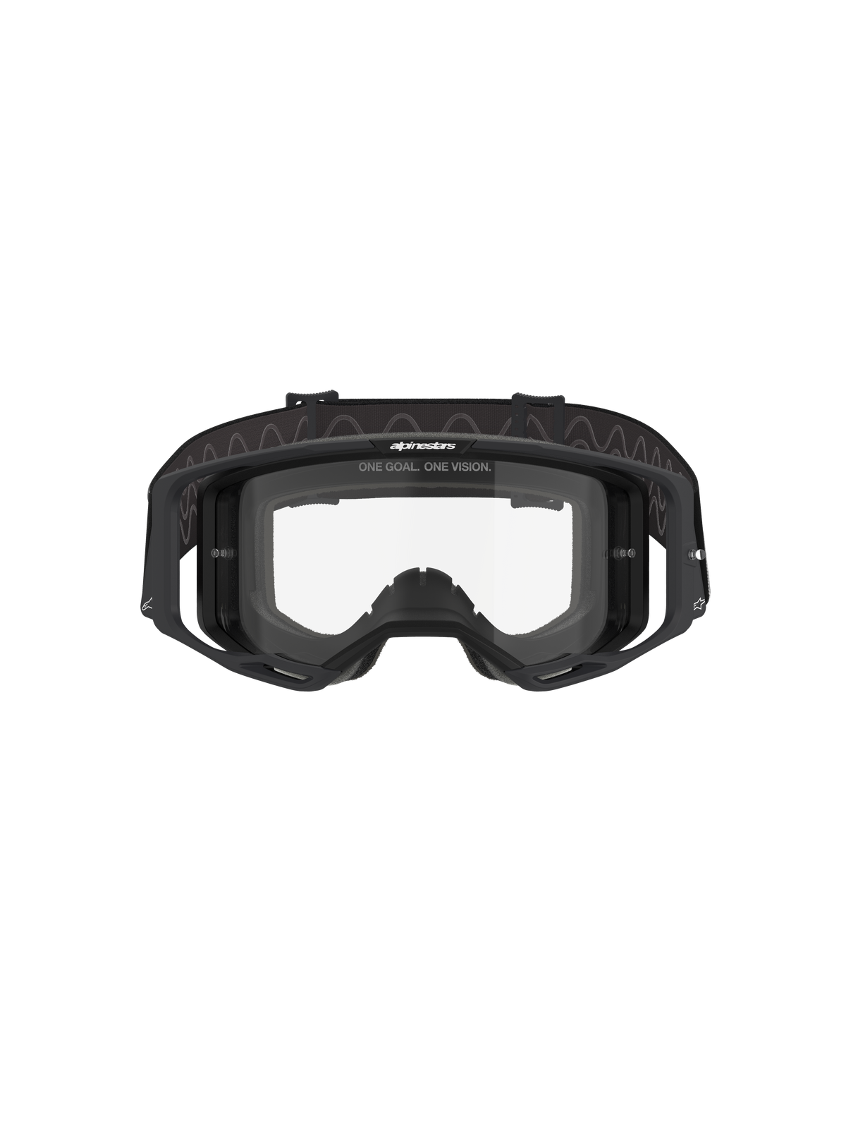 Alpinestars Vision 8 Corp Goggles, Motocross Goggles, Black frame with Clear lens, front view showing the wide-view design, integrated outriggers, and woven strap with Alpinestars branding, professional off-road racing eye protection