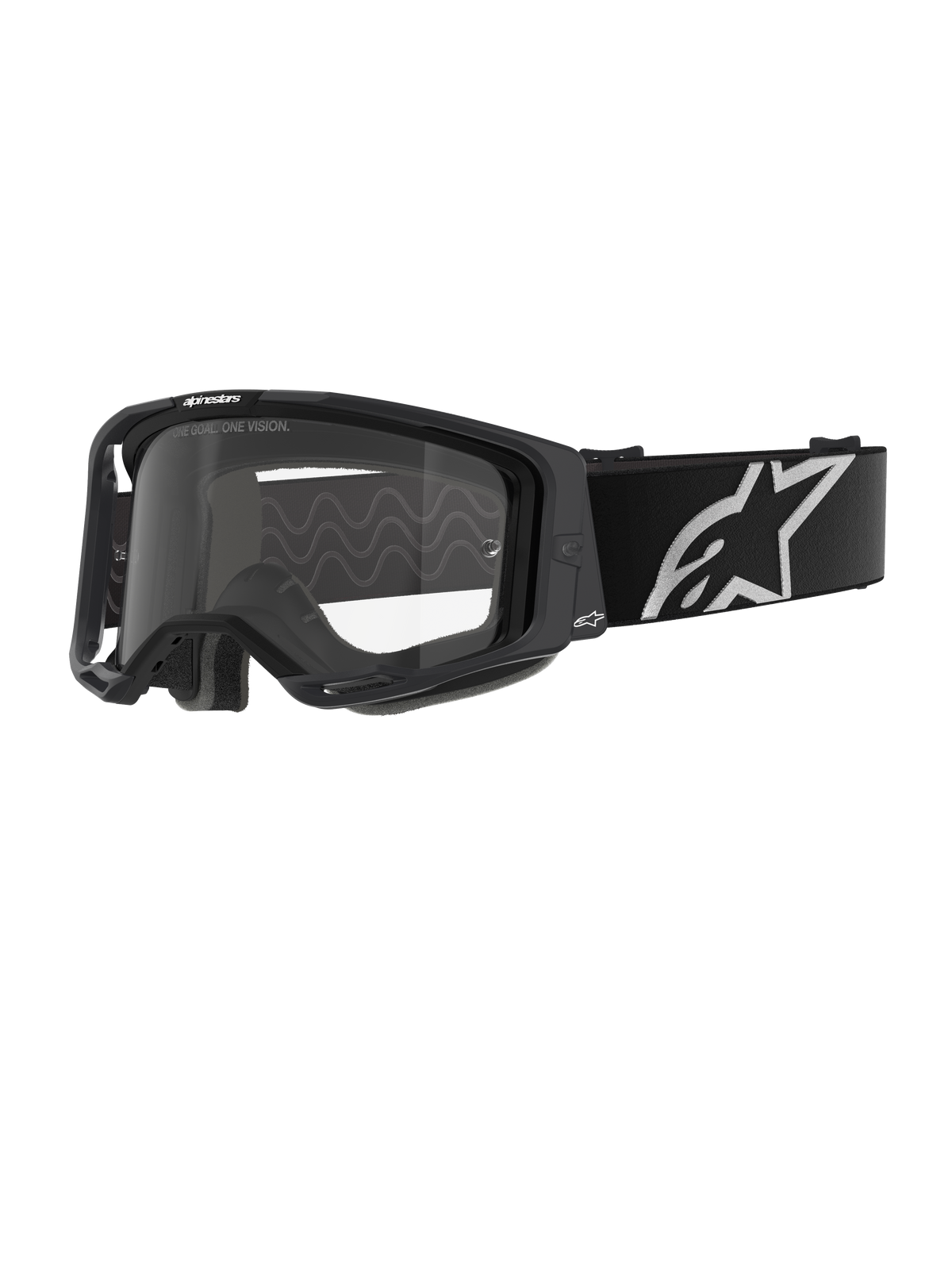 Alpinestars Vision 8 Corp Goggles, Motocross Goggles, Black frame with Clear lens, wide black adjustable strap with prominent white Alpinestars star logo, visible 3D molded face foam, professional off-road racing eye protection