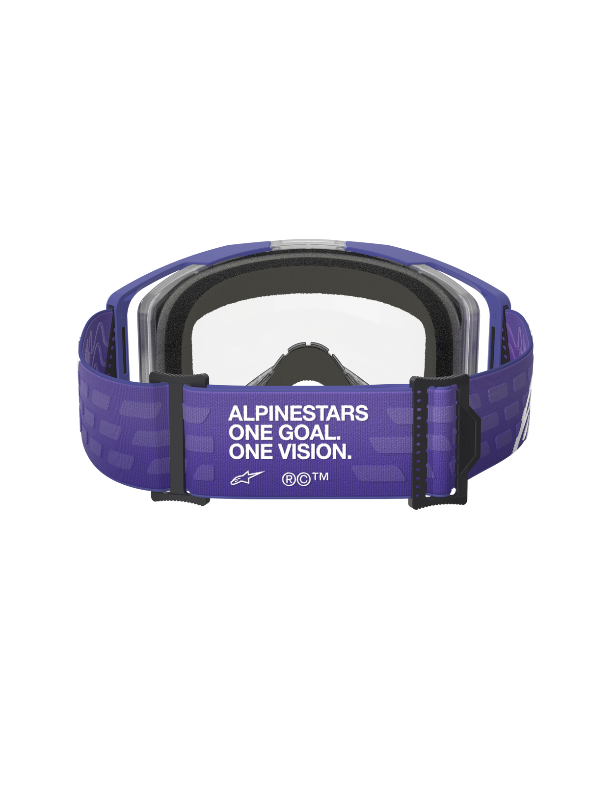 Alpinestars Vision 8 Corp Goggles, Motocross Goggles, Purple Clear, back view showing purple strap with 'ALPINESTARS ONE GOAL. ONE VISION.' branding, clear lens and black foam padding, off-road racing gear