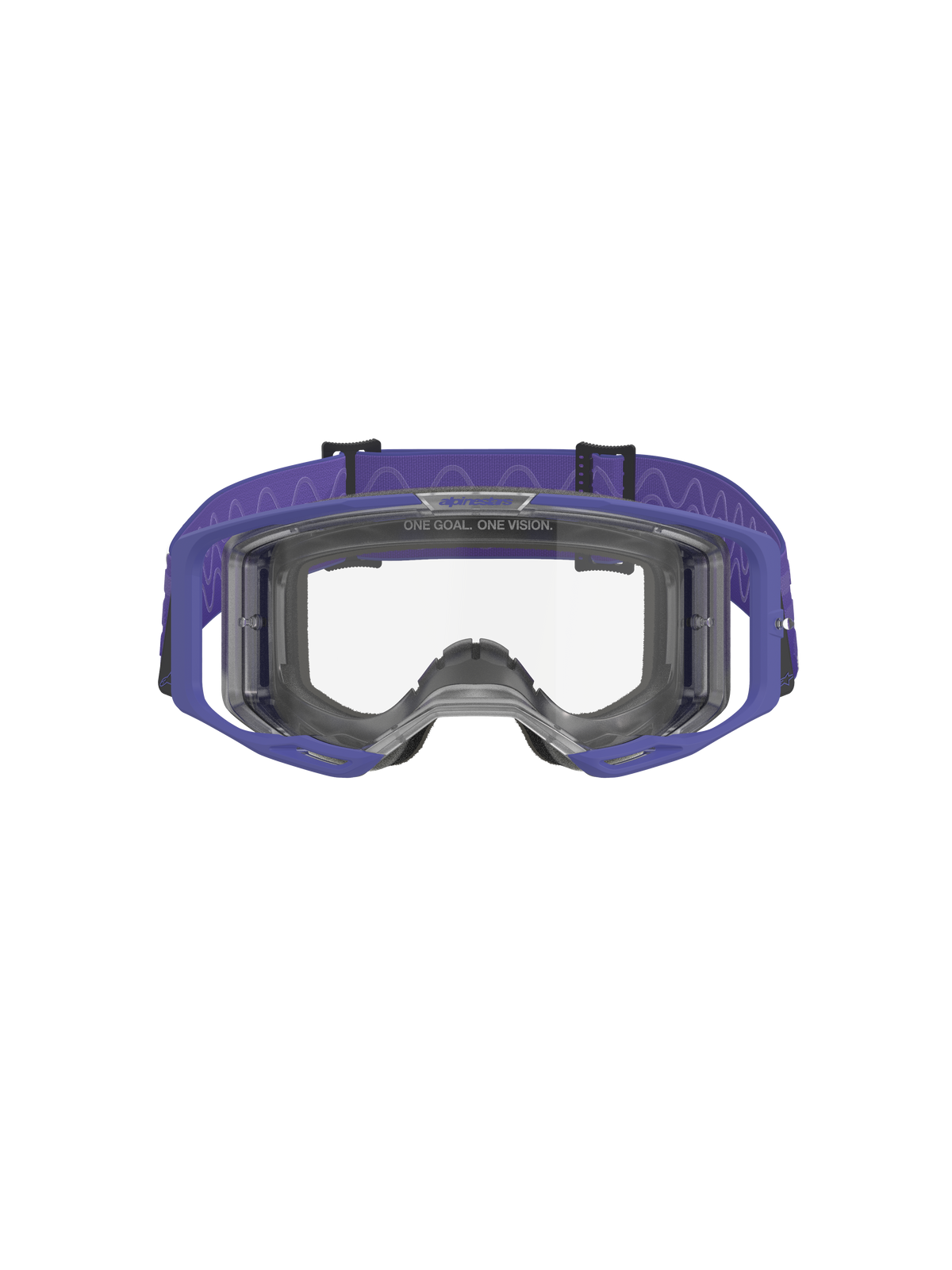 Alpinestars Vision 8 Corp Goggles, Motocross Goggles, Purple and Clear, featuring a purple A-FLEX frame, clear anti-fog lens, and a wide purple woven strap with wave pattern, high-performance eye protection for off-road racing
