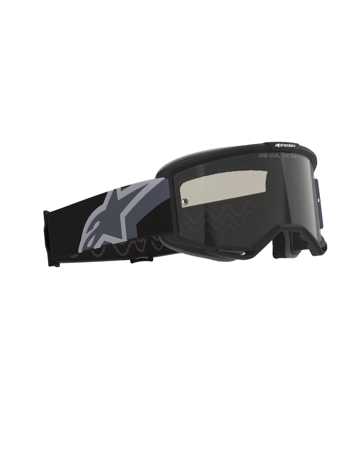 Alpinestars Vision Sand Goggles, Motocross and Off-Road Goggles, Black and Gray with Dark Smoke Lens, wide woven strap featuring a large gray star logo, matte black frame with RAM-AIR ventilation and multi-layer face foam for desert riding protection.