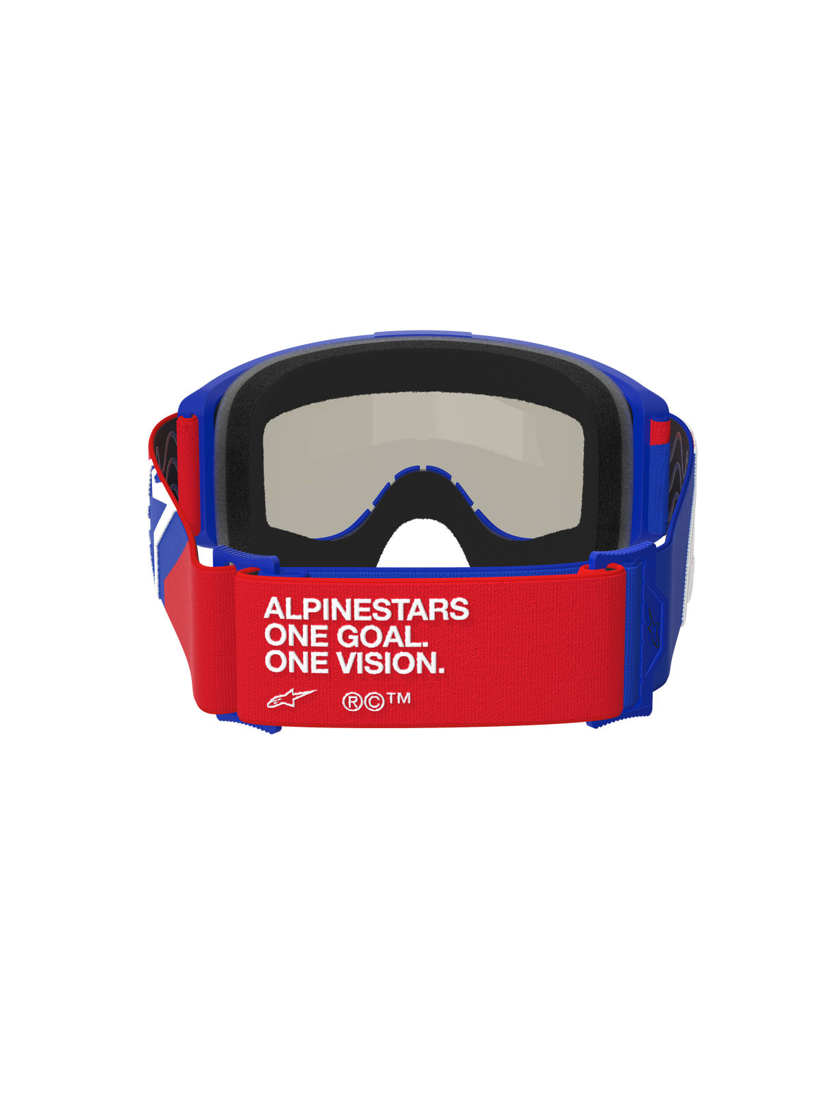 Alpinestars Vision Sand Goggles, blå, röda och vita, vy bakifrån med rött band och vit text 'ALPINESTARS ONE GOAL. ONE VISION.', blå ram med tjock svart skumvaddering, mörk rökfärgad lins synlig från insidan, högpresterande motocrossglasögon