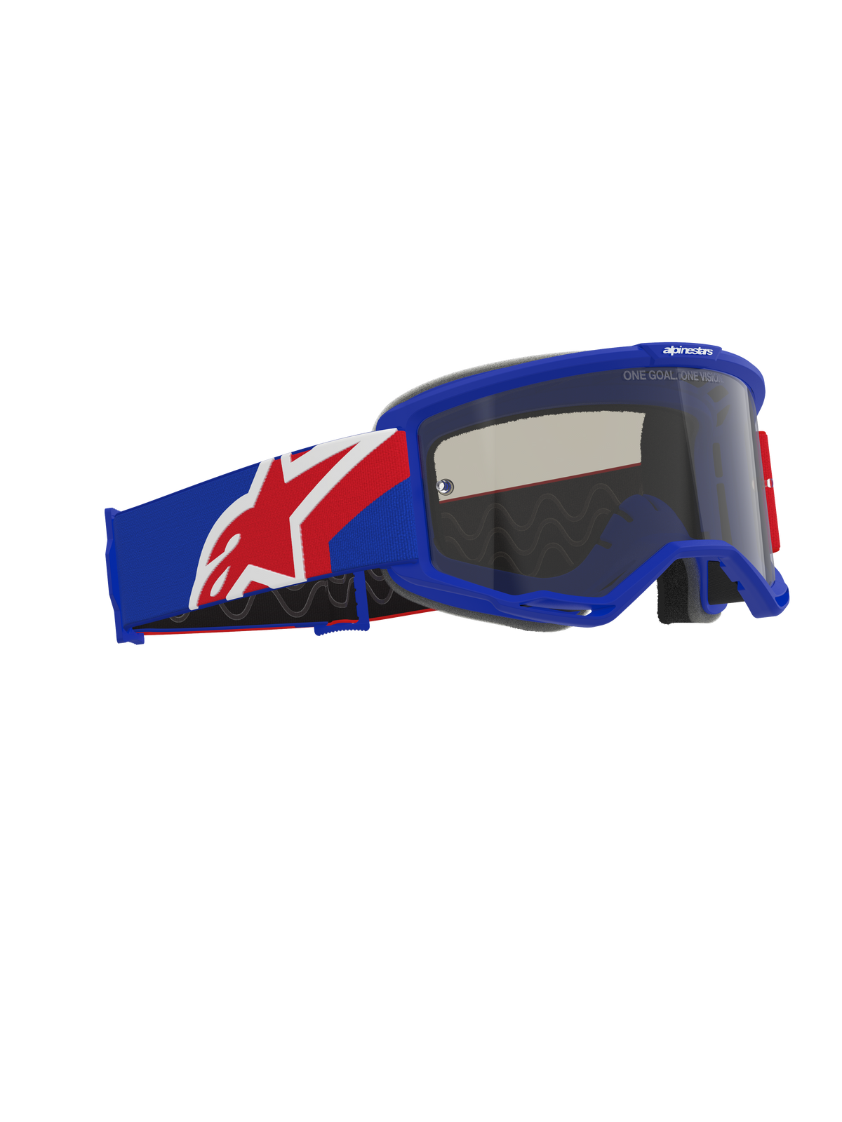 Alpinestars Vision Sand Goggles, motocrossglasögon för terrängkörning, blå, röd och vit ram och rem, mörk rökfärgad lins, med en bred rem med silikon på baksidan och ergonomiskt ansiktsskum.