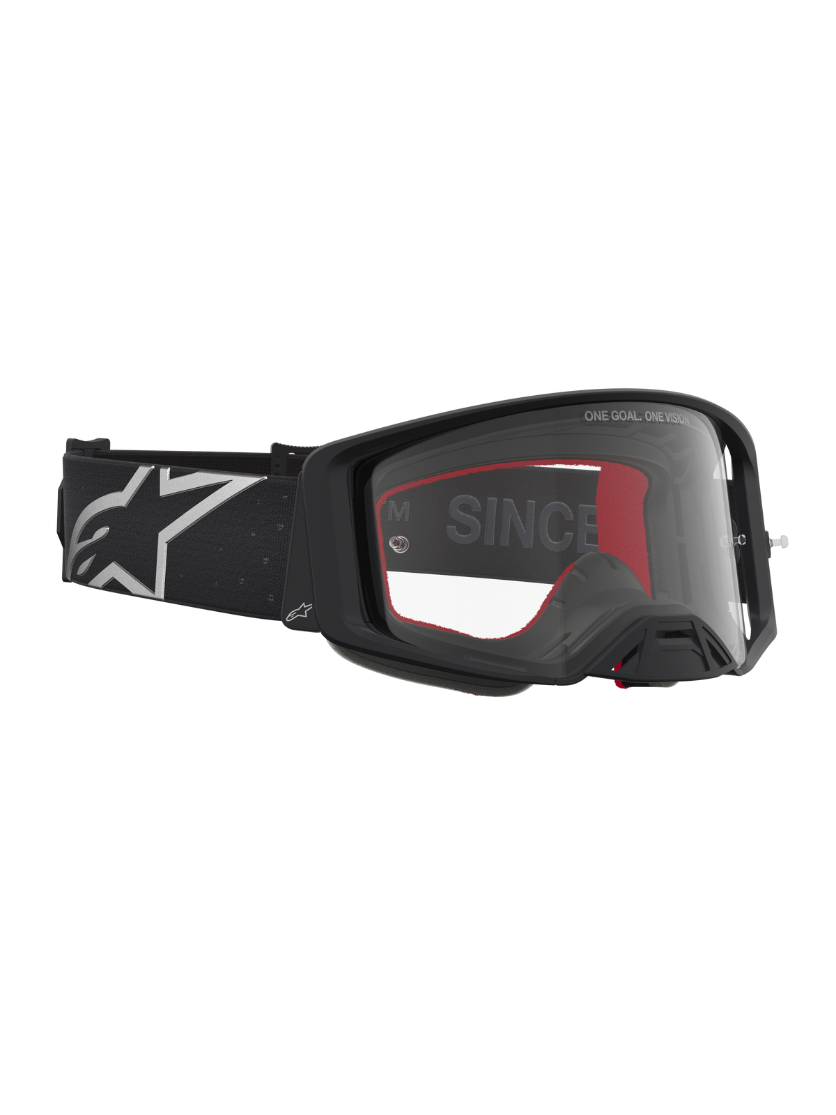 Alpinestars Supertech Vesta Goggles, Black Matte and Silver MX goggles with wide clear lens and lightweight frame.