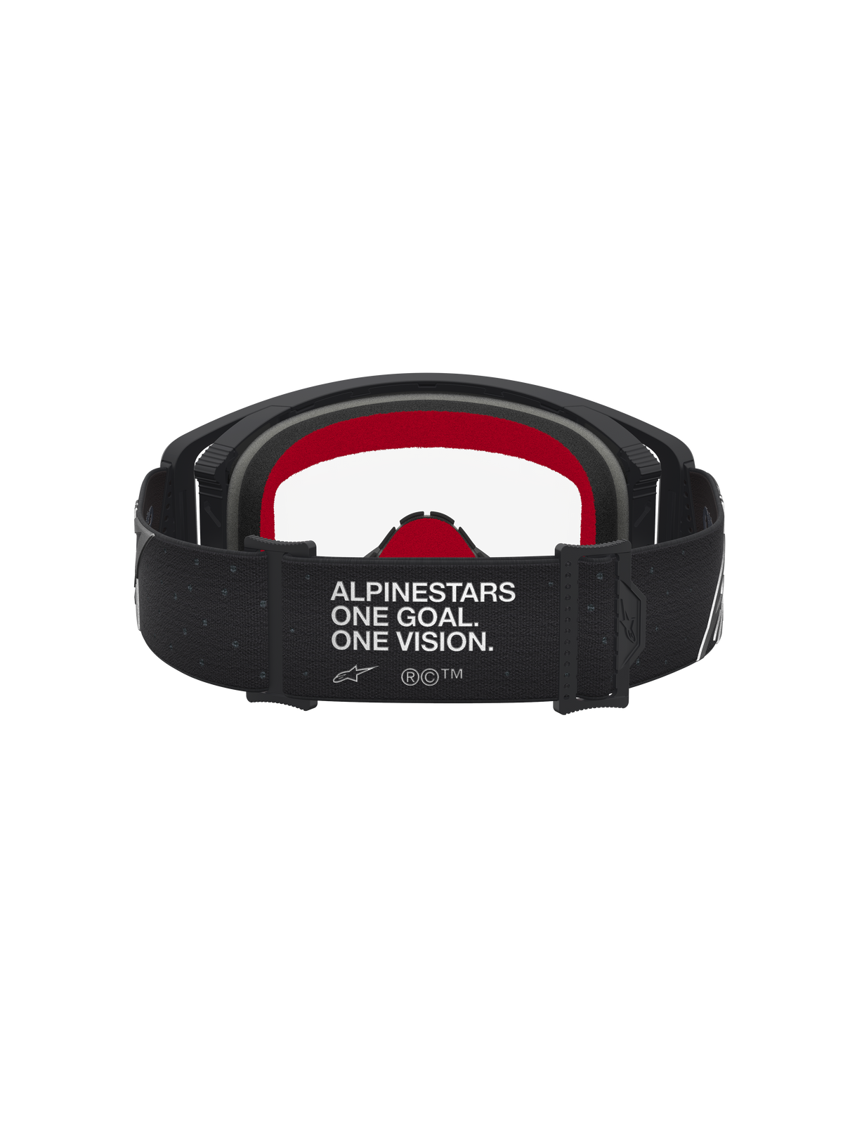 Alpinestars Supertech Vesta Motocross Goggles, black and red rear view featuring a clear lens and branded strap.