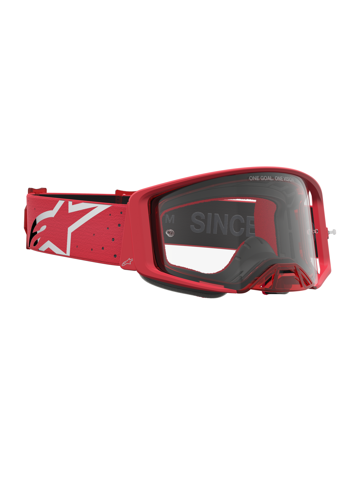Alpinestars Supertech Vesta goggles, motocross-racinggoggles, röda och vita, med klar optik och logotyprem.