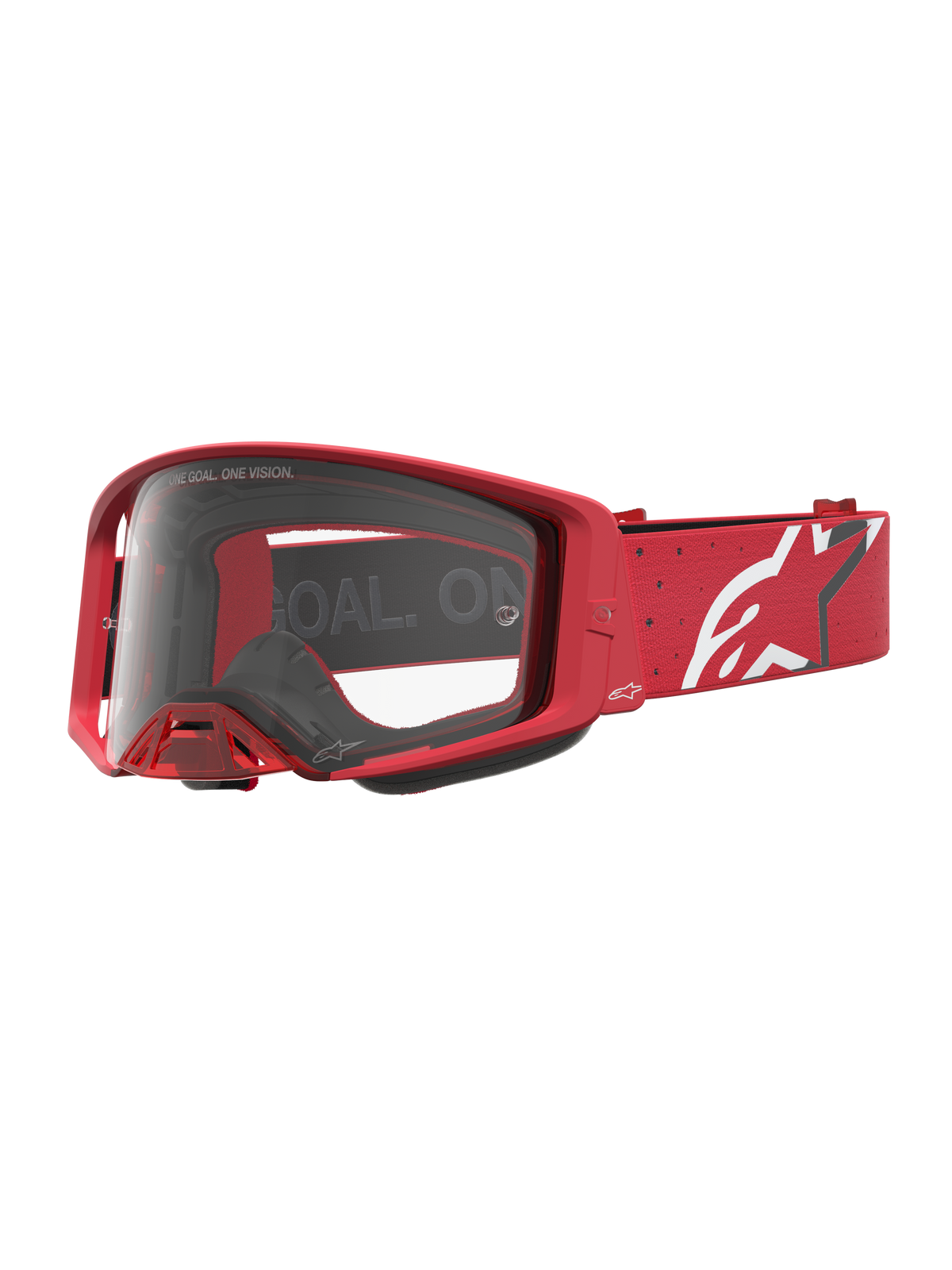 Alpinestars Supertech Vesta goggles, röda motocrossgoggles med klar lins i polykarbonat, röd rem med vit stjärnlogotyp och sloganen ONE GOAL. ONE VISION.