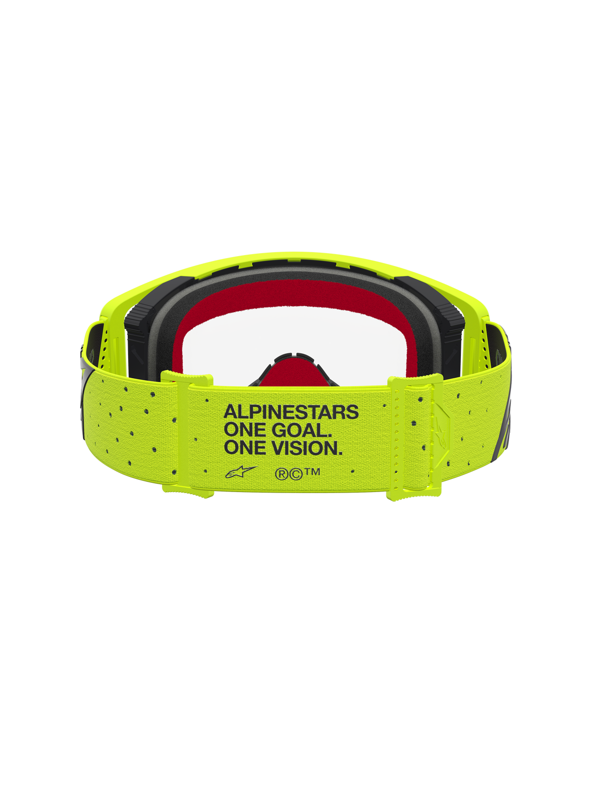 Alpinestars Supertech Vesta goggles, motocrossglasögon i gul fluo och svart, rött skum, rem med Alpinestars motto, klar lins för terrängkörning.