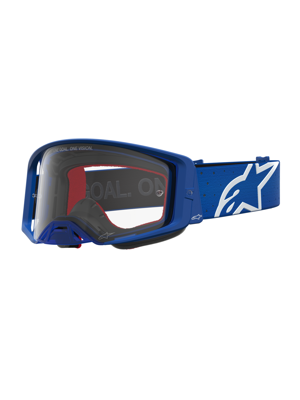 Alpinestars Supertech Vesta goggles, blå och vita motocrossgoggles med klar polykarbonatlins och stjärnlogotyp.