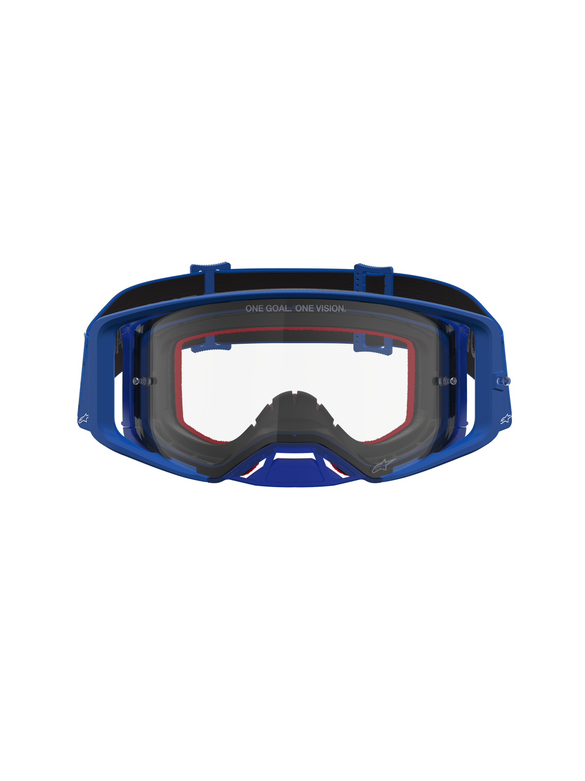 Alpinestars Supertech Vesta goggles, blå och vita motocrossgoggles med klar lins, fukthantering och luftflöde.