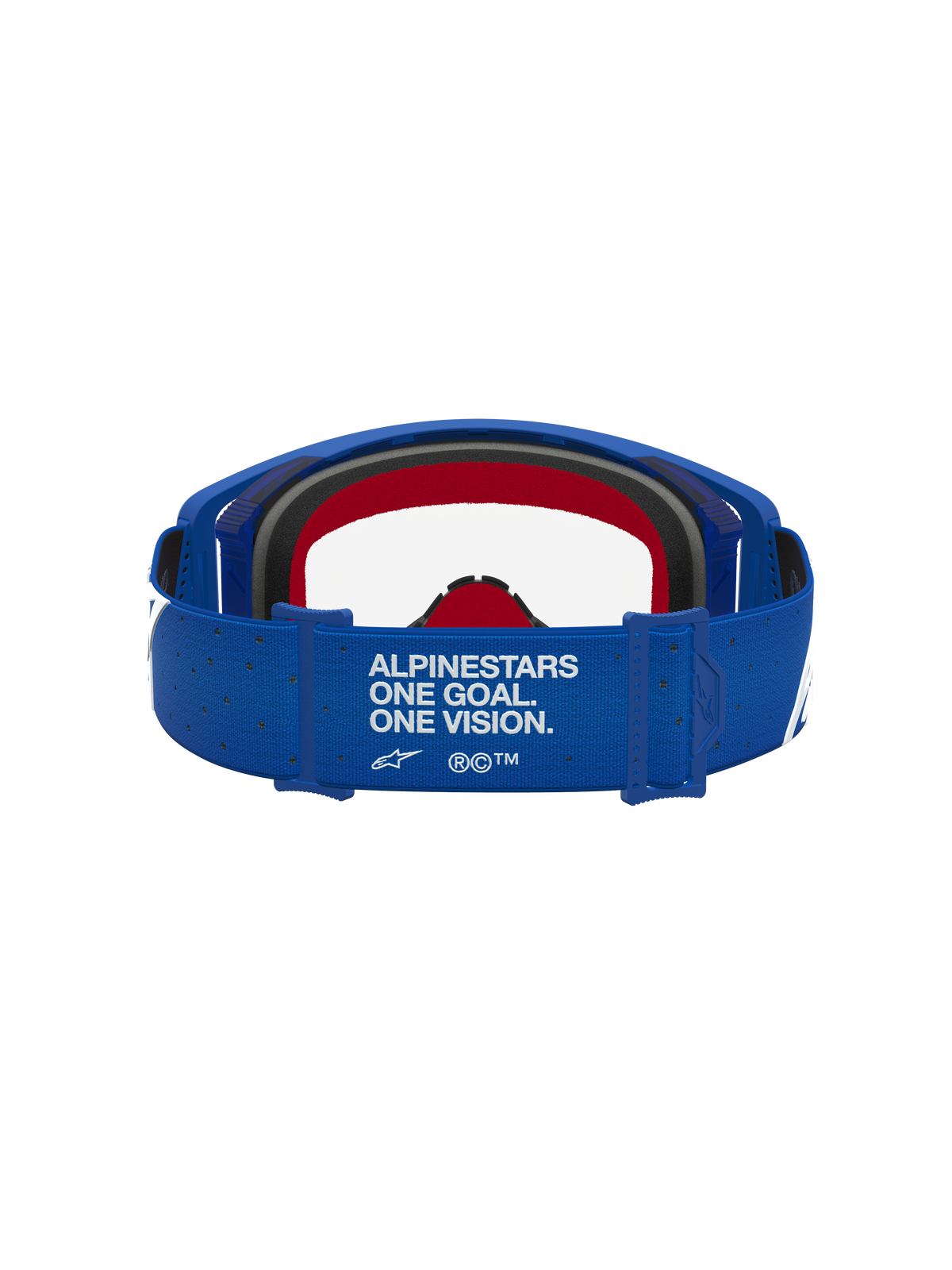 Alpinestars Supertech Vesta goggles, blå och vita motocrossgoggles med märkt rem och rött skum för racing.