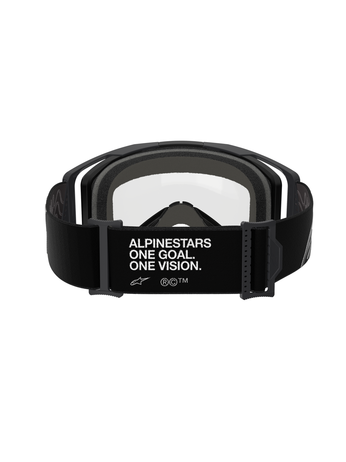 Alpinestars Vision 8 Corp Goggles - Dual Pane, Black Clear, rear view featuring wide black strap with white 'ALPINESTARS ONE GOAL. ONE VISION.' branding, black frame with clear polycarbonate lens and thick gray multi-layer face foam, professional motocross eyewear