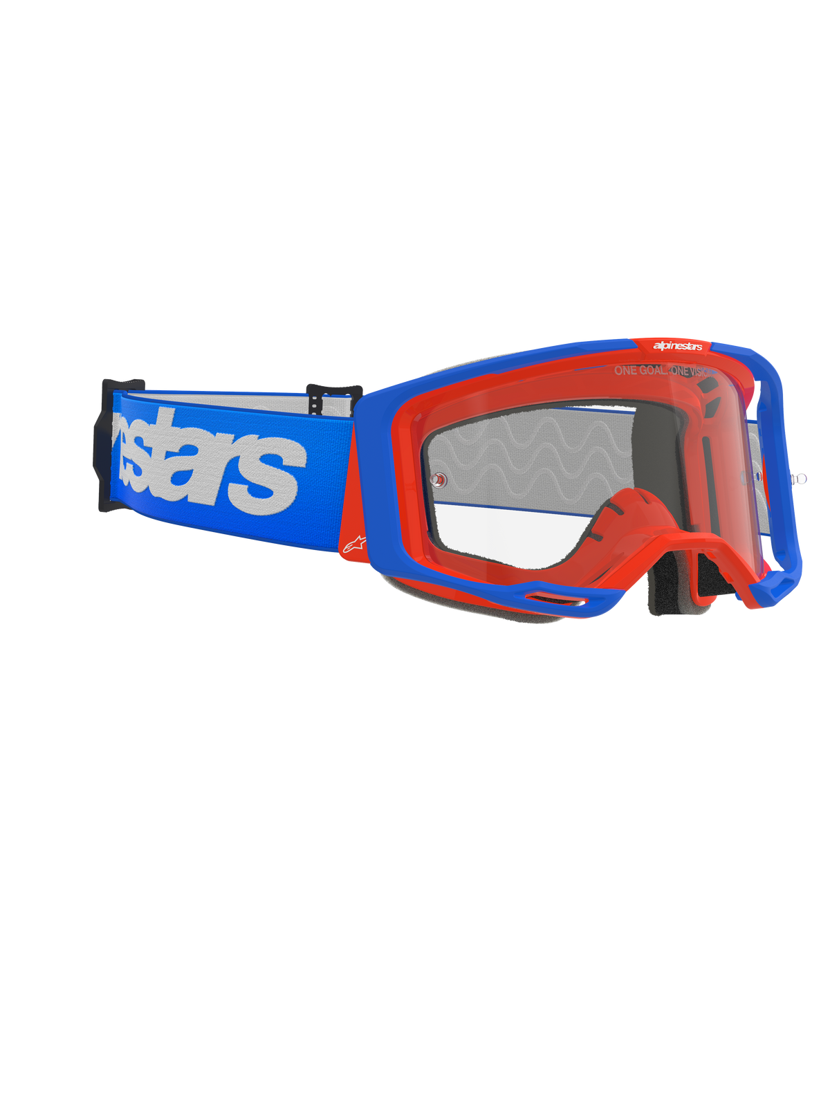 Alpinestars Vision 8 Wordmark-glasögon, motocrossglasögon, blå och orange, klar imfri lins, bred blå rem med vit Alpinestars-logotyp, vinklad ram med utliggarsystem, högpresterande skyddsglasögon för terrängkörning