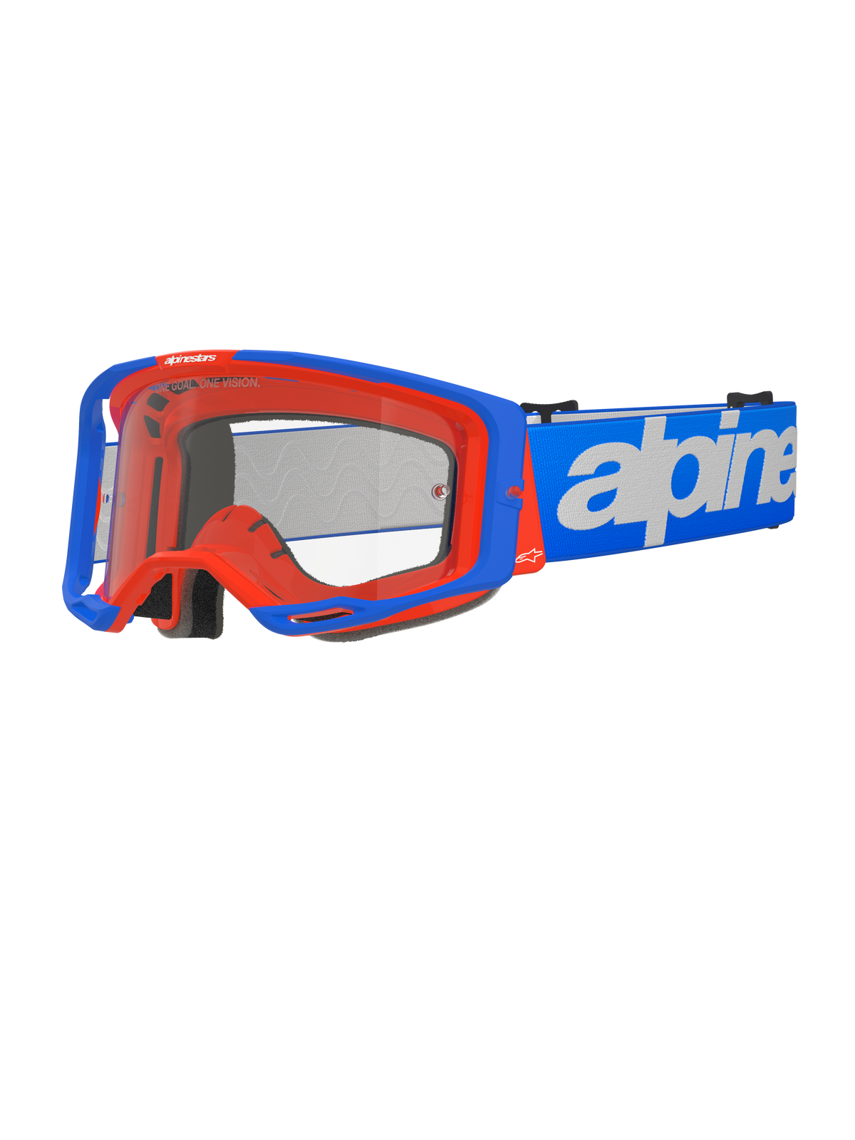Alpinestars Vision 8 Wordmark skyddsglasögon, motocrossglasögon, blå och orange, klar lins, brett blått band med vit Alpinestars-logotyp, svart skumvaddering, sportig design med synliga ventilationsöppningar för terrängprestanda