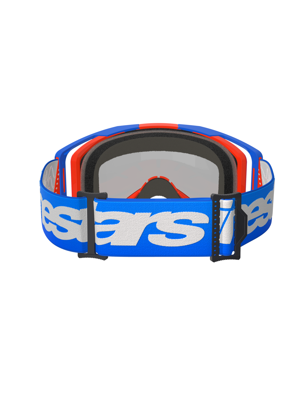 Alpinestars Vision 8 Wordmark Goggles, Motocross Goggles, Blue Orange Mirror Red, rear view featuring a blue woven strap with white Alpinestars wordmark, internal 3D molded face foam, and black adjustment buckles