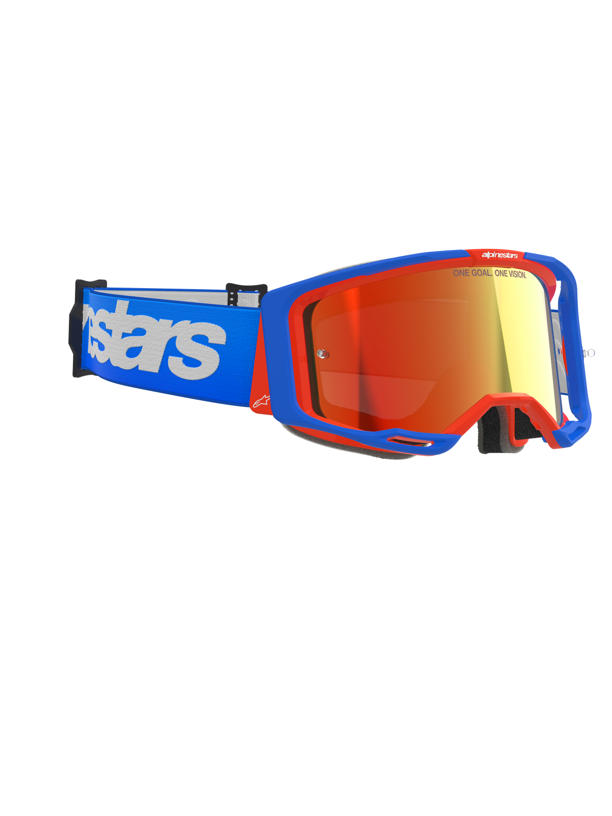 Alpinestars Vision 8 Wordmark Goggles, Motocross Goggles, Blue and Orange frame with Red Mirror Lens, blue strap with large white Alpinestars branding, performance protective eyewear for off-road racing