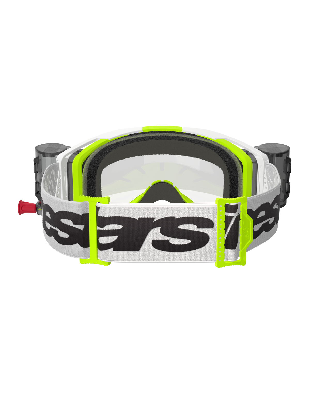 Alpinestars Vision 8 Wordmark Goggles Roll Off, motocrossglasögon, vita och fluorescerande gula, baksida som visar vit rem med svart wordmark, neongula spännen, svart 3D-format ansiktsskum och integrerade behållare för roll-off-systemet