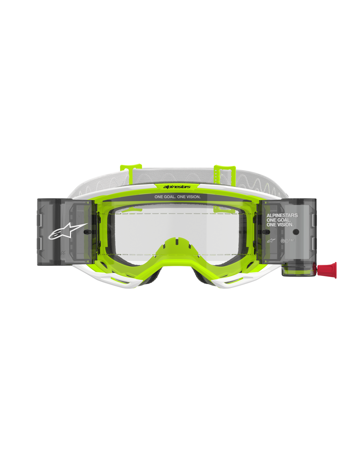 Alpinestars Vision 8 Wordmark Roll Off-glasögon, vit och neongul ram, klar lins med integrerade roll-off-behållare, vit vävd rem med 'ONE GOAL. ONE VISION.'-branding, professionellt ögonskydd för motocross