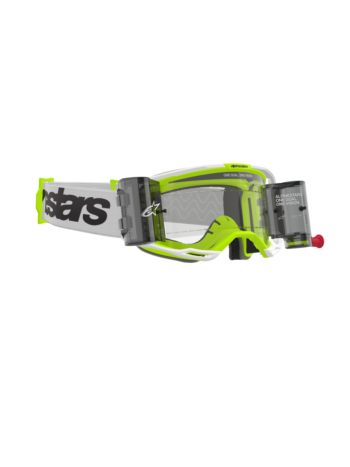 Alpinestars Vision 8 Wordmark Goggles Roll Off, motocrossglasögon, vit och fluorescerande gul ram, klar lins med integrerade roll-off-behållare, vit vävd rem med tydlig svart logotyp, högpresterande glasögon för terrängkörning