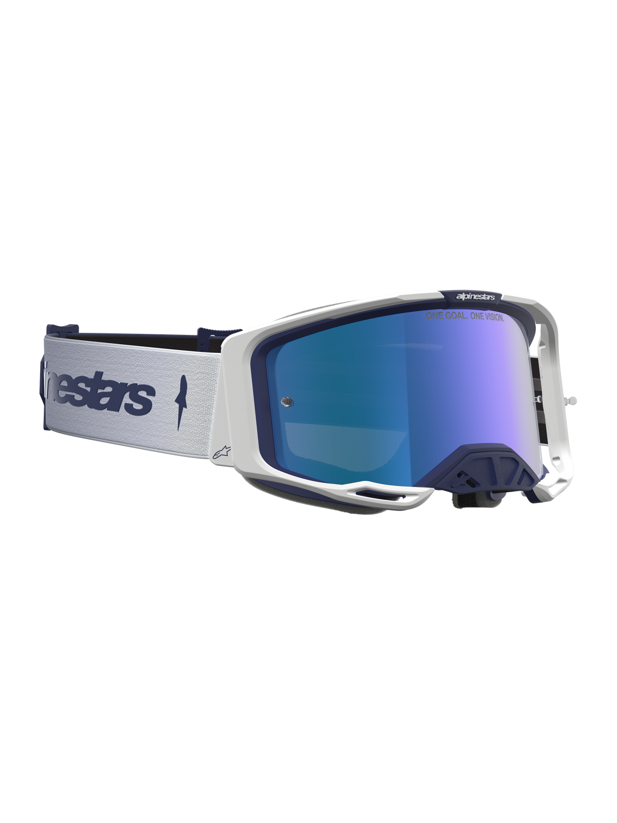 Alpinestars Vision 8 Amber Spegel Goggles, motorcrossglasögon i marinblått och vitt med blå spegellins, RAM-AIR-ventilation och flexibel A-FLEX-ram för terrängkörning