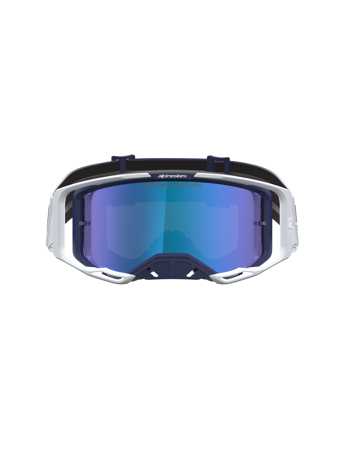 Alpinestars Vision 8 Amber goggles för motocross, mörkblå och vit ram med blå spegellins och RAM-AIR-ventilation.