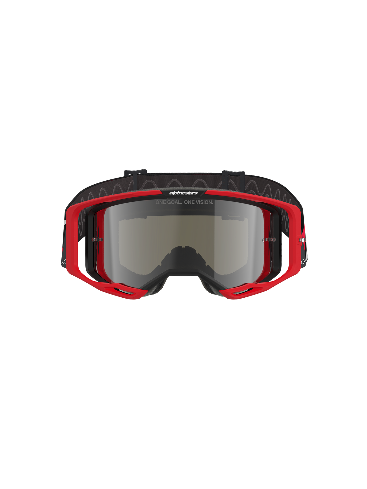 Alpinestars Vision 8 Luar Goggles, Motocross Goggles, Red and Black frame with Silver Mirror lens, high-performance design with wide field of view, prominent branding on the strap and frame, suitable for off-road and motocross racing