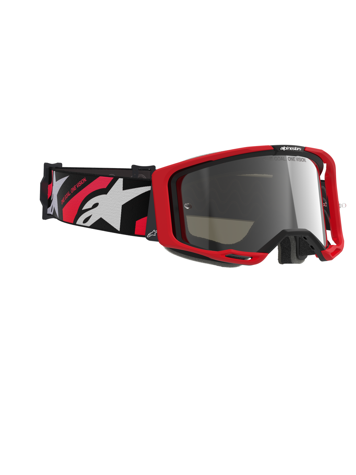 Alpinestars Vision 8 Luar Goggles, Motocross Goggles, Red and Black frame with Silver Mirror Lens, featuring a wide woven strap with red and white Alpinestars branding and "ONE GOAL. ONE VISION." text, high-performance protective eyewear for off-road racing