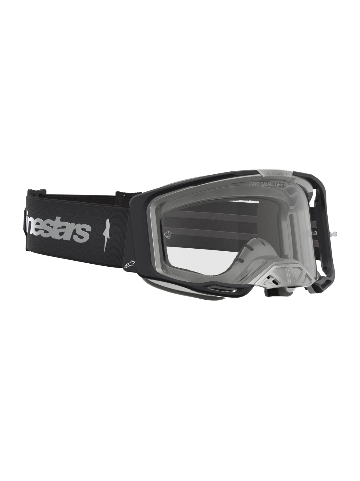 Alpinestars Vision 8 Amber goggles, svarta och silver motocrossglasögon med klar lins och A-FLEX-ram för racing.