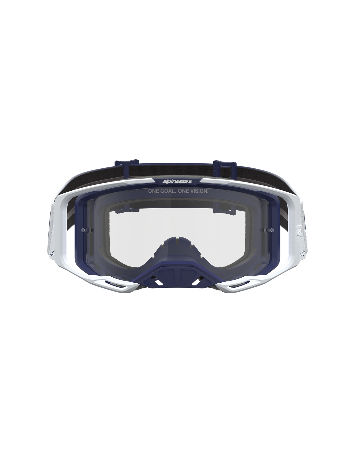 Alpinestars Vision 8 Amber goggles, unisex motocrossglasögon i vitt och marinblått med klar lins och A-FLEX-ram.